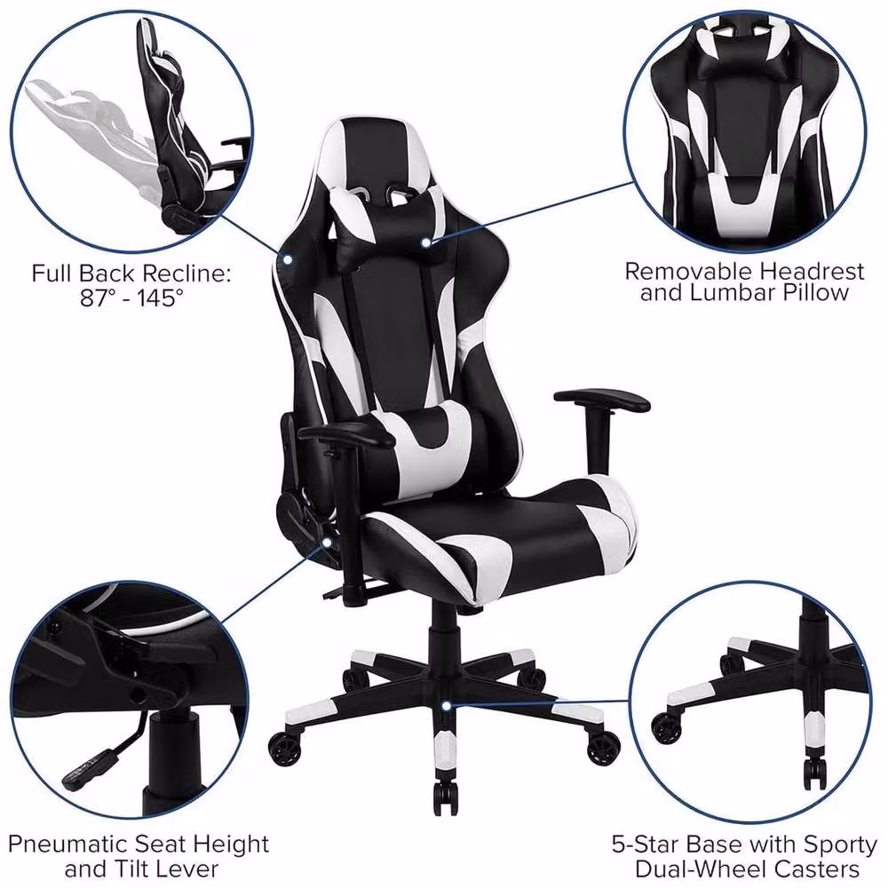 KORVIXA Black and White Reclining Gaming Chair with Headrest and Armrests – 4