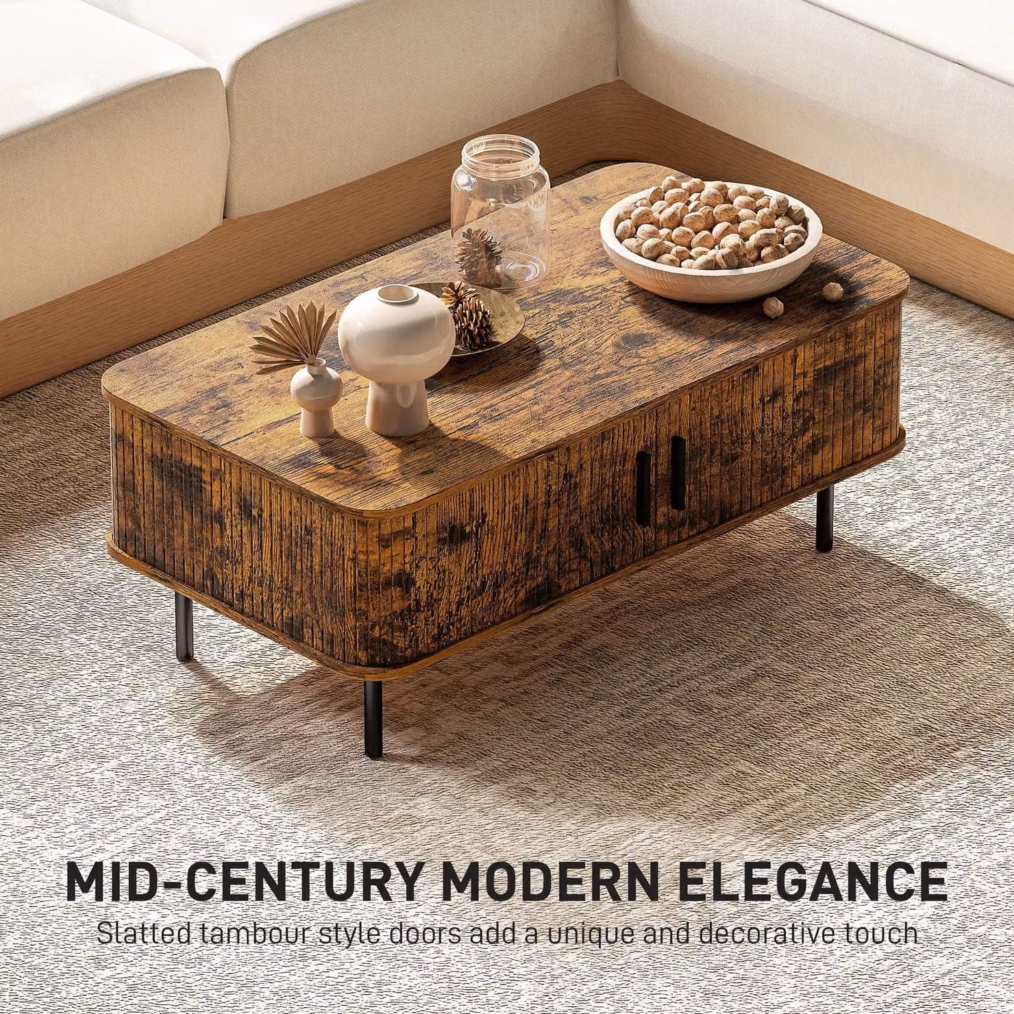 HOMCOM Mid-Century Rectangular Coffee Table with Storage and Sliding Doors in Brown – 4