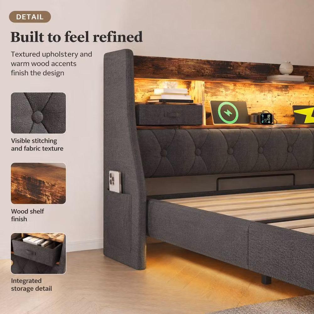 STILVORA Double Bed Frame in Grey with LED Headboard, USB Charging Ports and Storage Compartments, W/D/H: 140 x 200 x 135 cm – 4