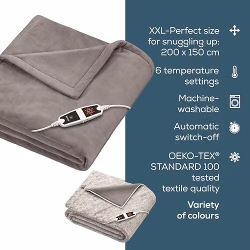 Beurer HD150 XXL Electric Fleece Blanket with 6 Temperature Settings and Automatic Switch-Off, Taupe, W/D/H: 200 x 150 cm – 6