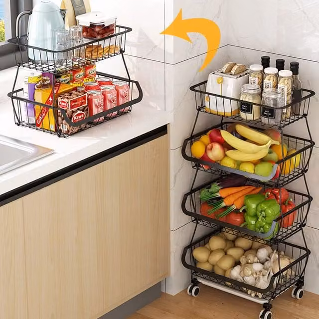 Living and Home 4-tier Stackable Removable Rolling Metal Wire Basket Trolley Rack in Black