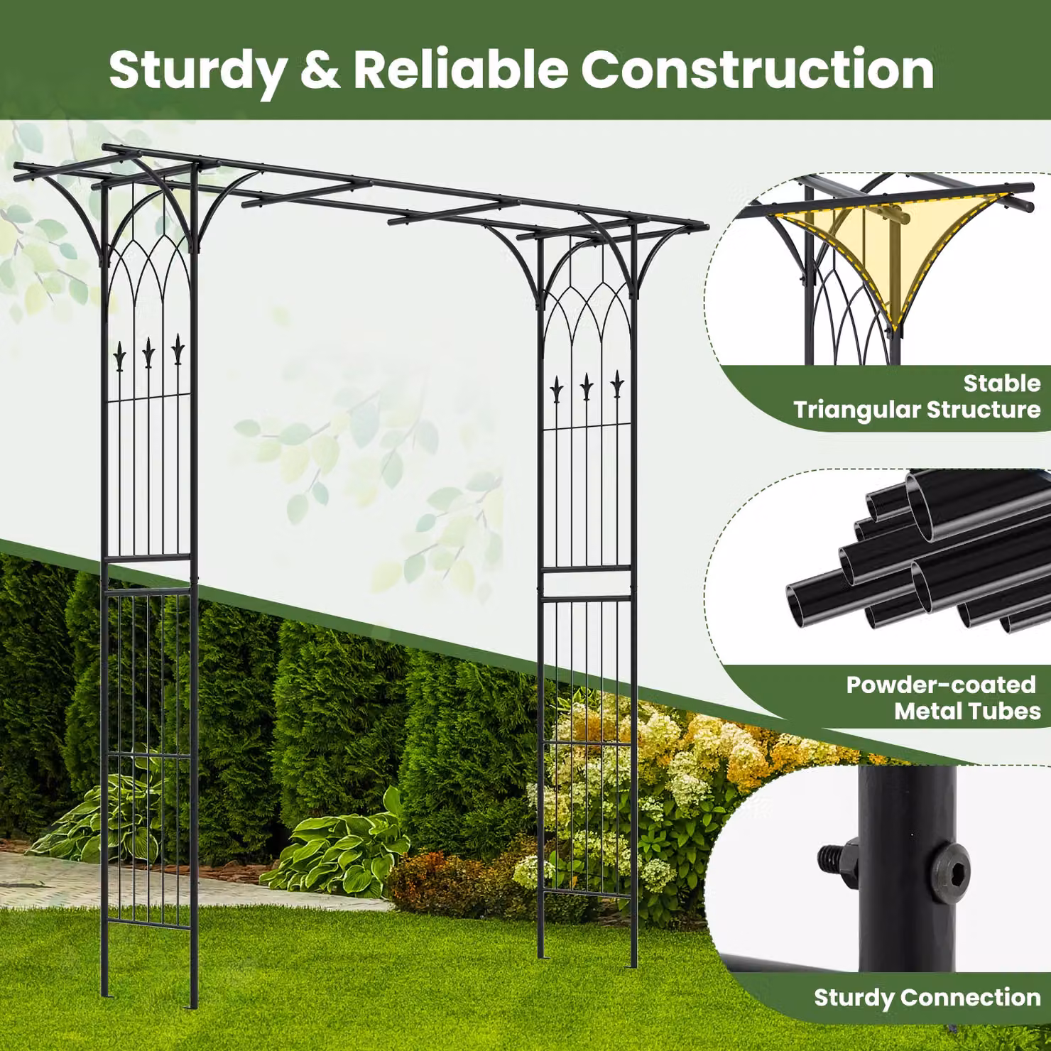 Gymax Black Metal Garden Arbor Archway for Climbing Plants, H 205 cm x W 155 cm x D 52 cm – 5