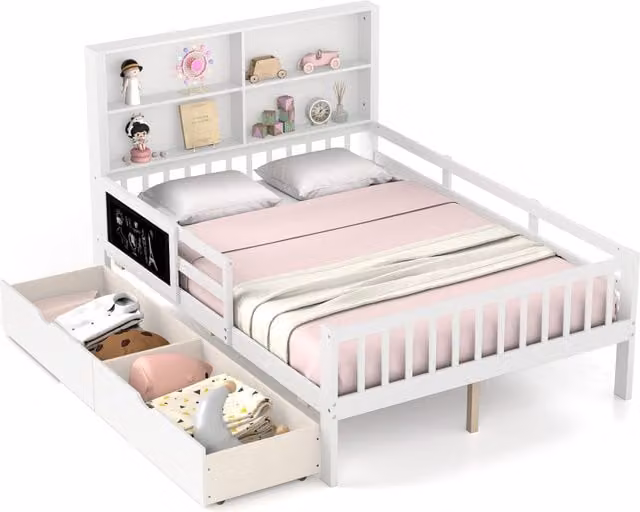 Costway Solid Wood Double Platform Bed Frame with 2 Storage Drawers, White, 140 x 200 cm