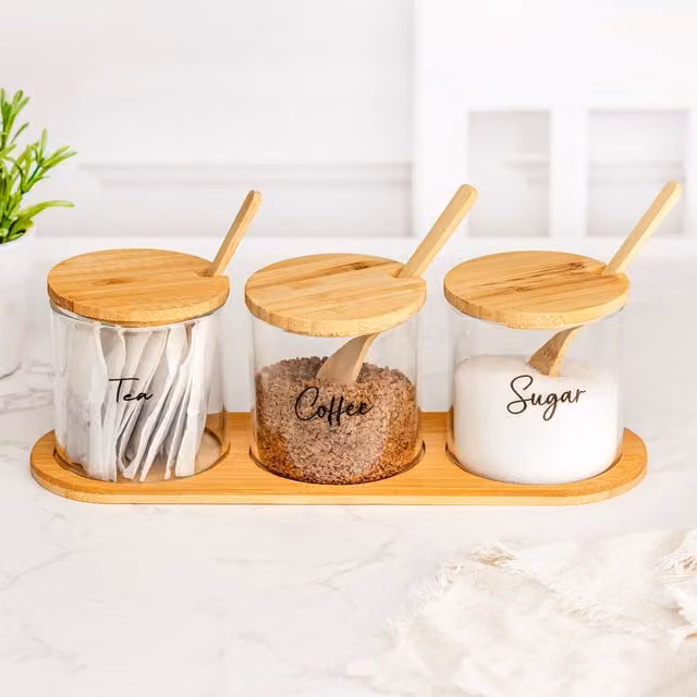 Marco Paul 3-Piece Tea, Coffee and Sugar Canister Set in Brown with Glass and Wood