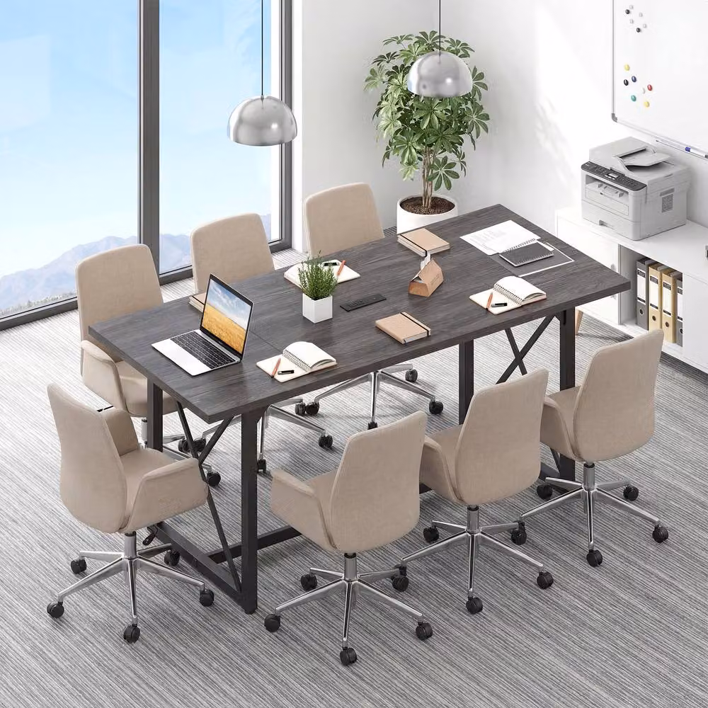 Costway Industrial Rectangular Conference Table with Power Outlets in Grey – 3