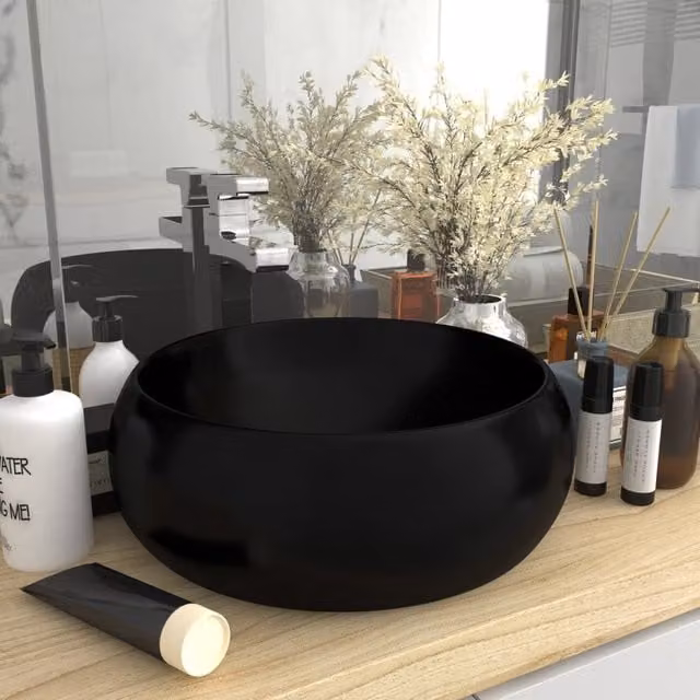 Berkfield Home Luxury Round Ceramic Wash Basin in Matt Black, W: 40 cm, D: 15 cm, H: 15 cm