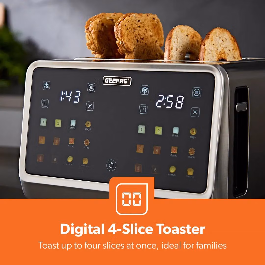 Geepas 5-in-1 Digital 4 Slice Toaster in Silver with Stainless Steel Housing and LED Display – 3