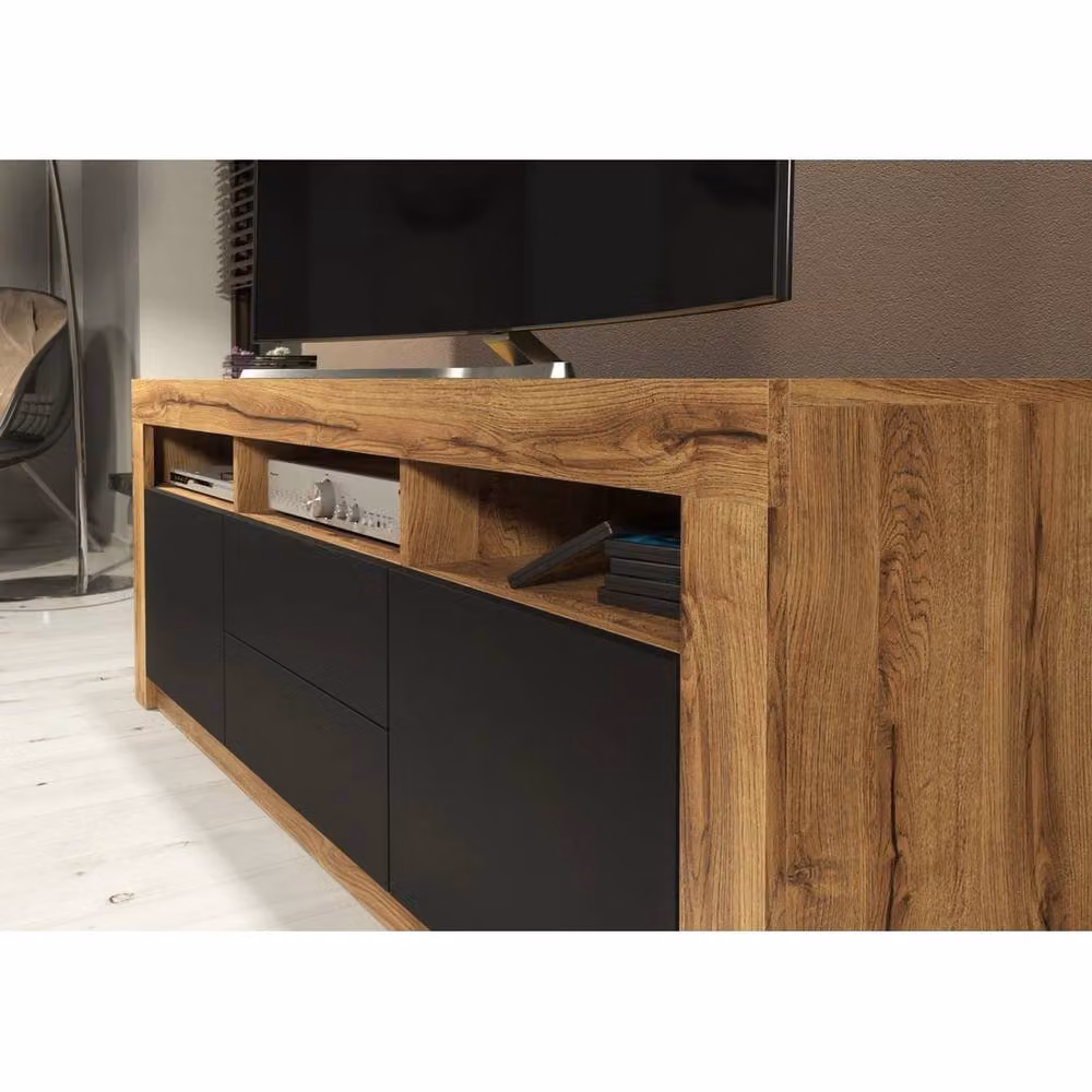 FORGEVIO Modern Oak Wood TV Unit and Sideboard Cabinet in Brown and Black – 5