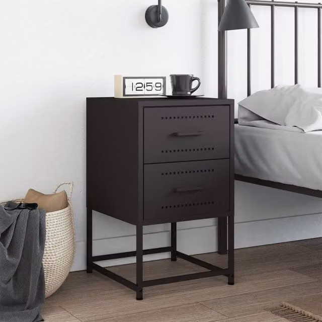 Berkfield Home Durable Metal Bedside Cabinet in Black, W/D/H: 39 x 39 x 60.5 cm – 1