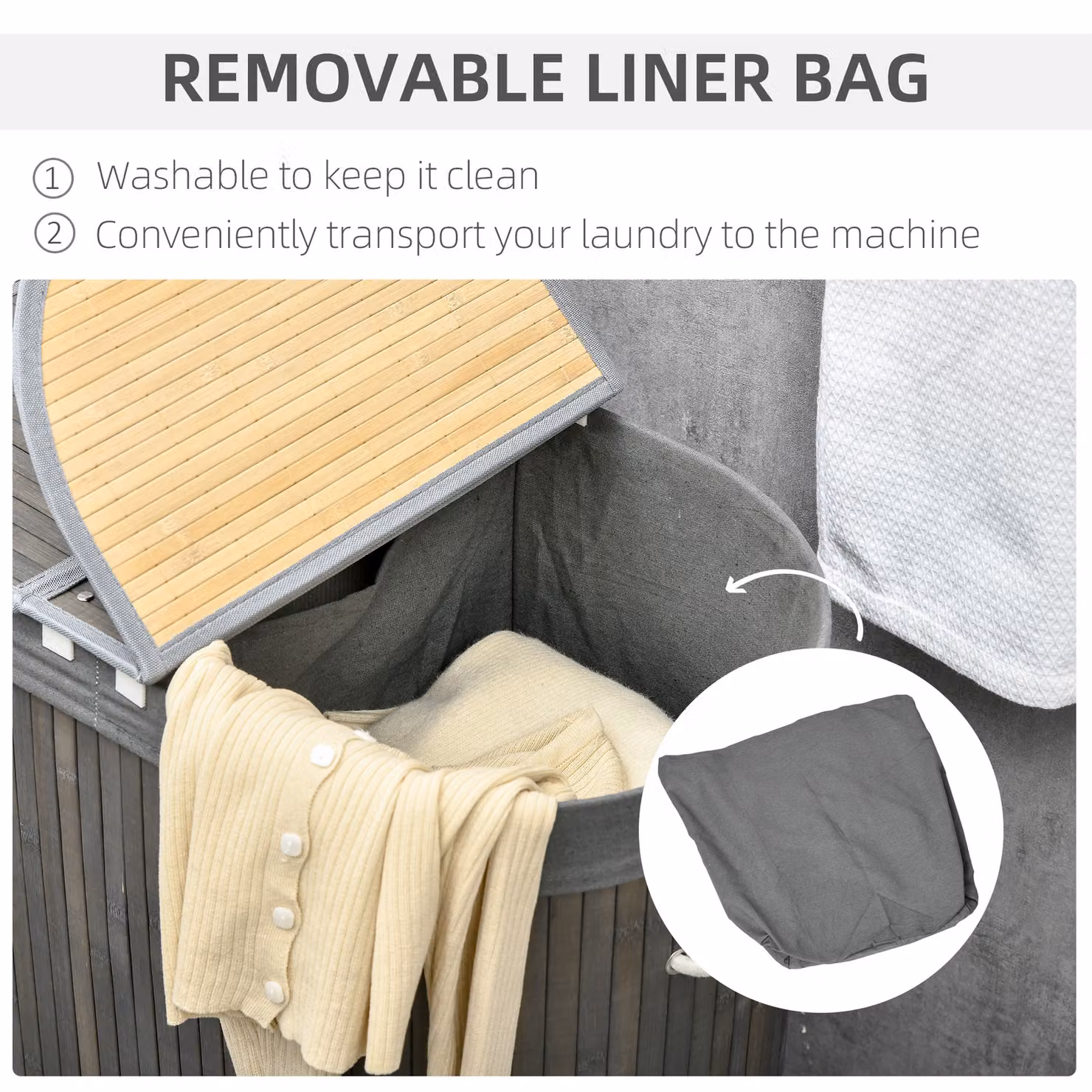 HOMCOM Bamboo 100L Dual-Compartment Laundry Hamper with Lid and Removable Cotton Liners, Grey – 4