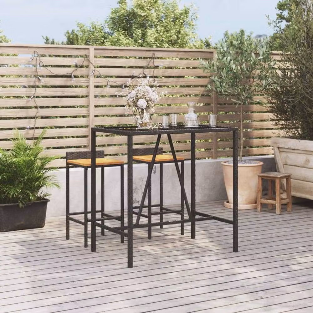 Berkfield Home Bar Table with Glass Top in Black Poly Rattan, W/D/H: 70 x 110 x 110 cm – 1