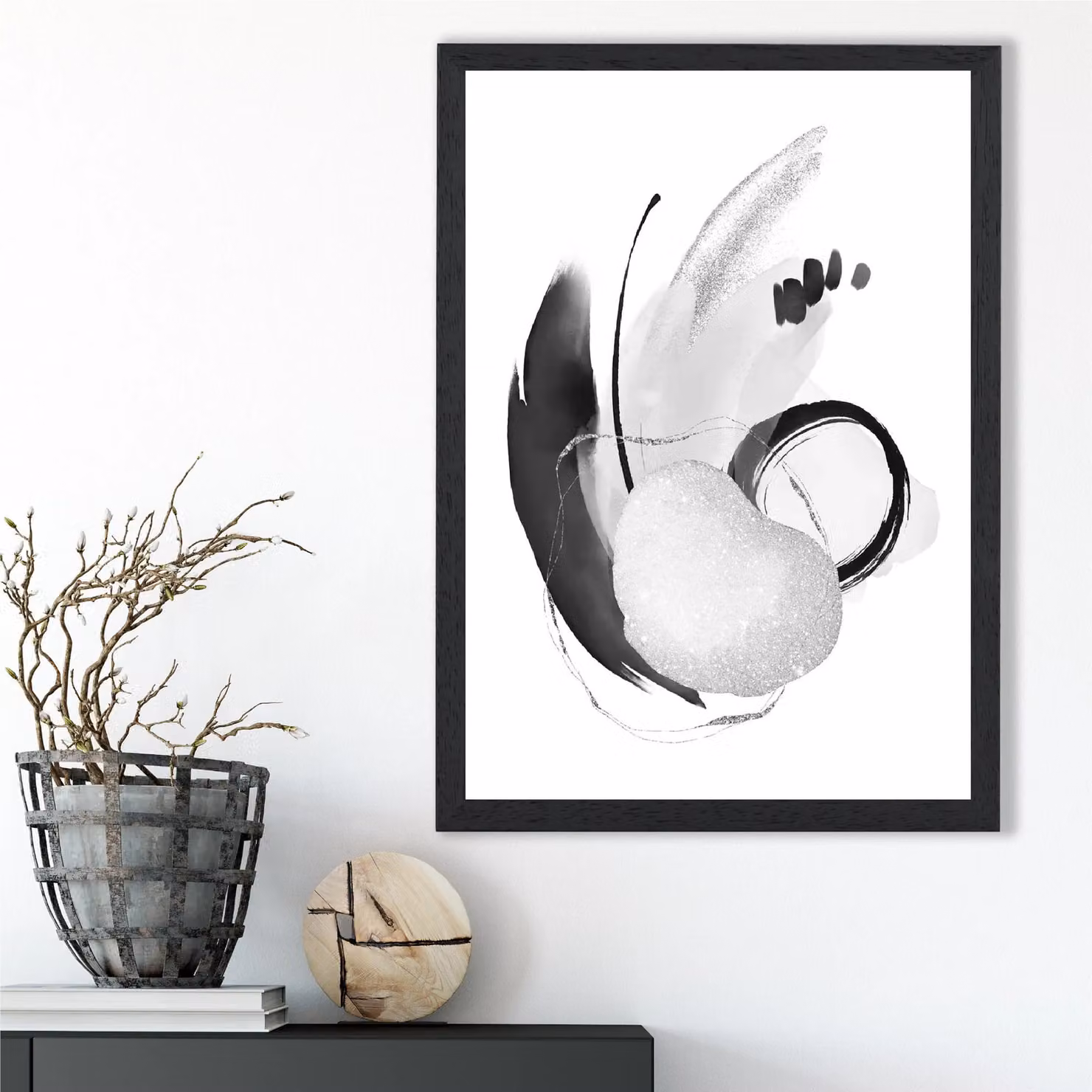 ARTZE Abstract Black and White Watercolour Geometric Shapes Framed Print in Black Frame – 2