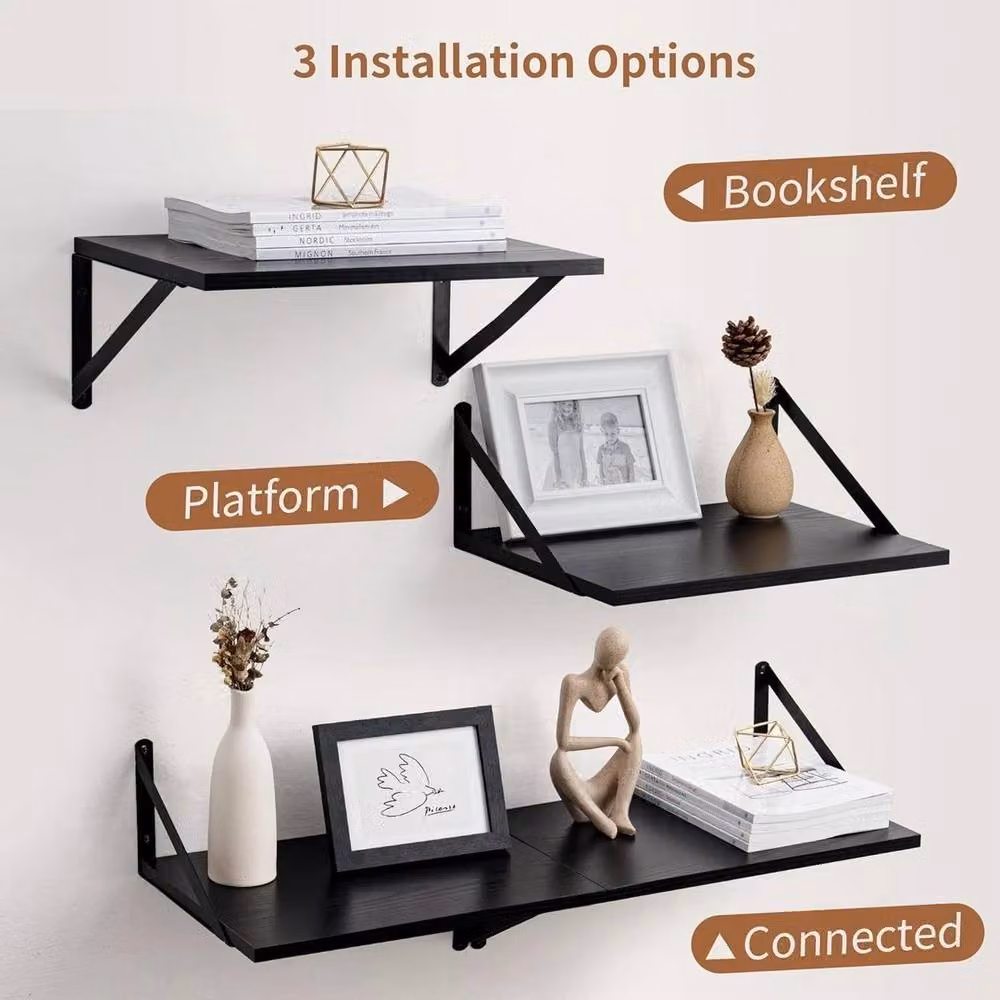 EONLION Black Matt Floating Wall Shelves, W: 50.0 cm, D: 30.5 cm, H: 4.1 cm – 4
