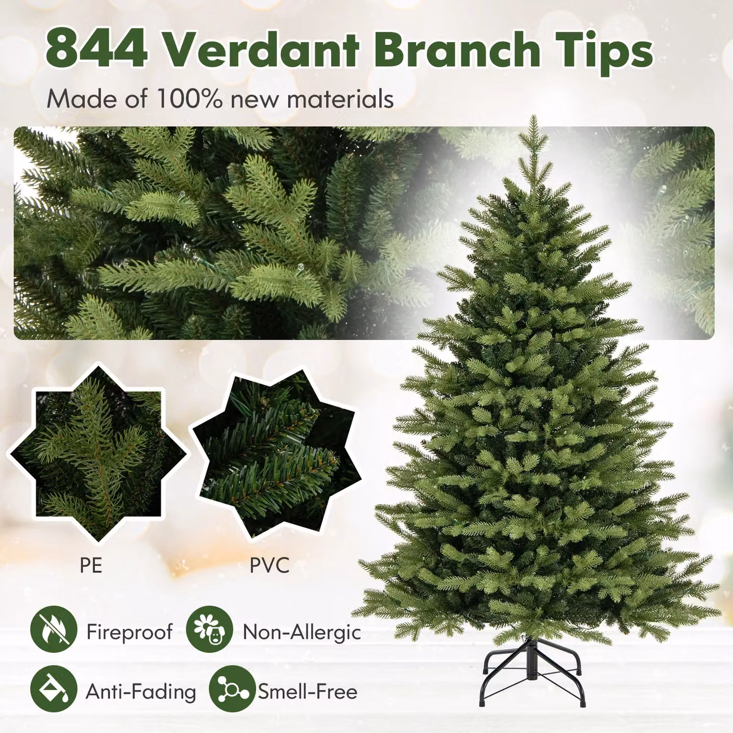 Gymax 5ft Artificial Christmas Tree with 844 Tips, 11 Lighting Modes and Remote Control in Green, Height: 152.4 cm – 5