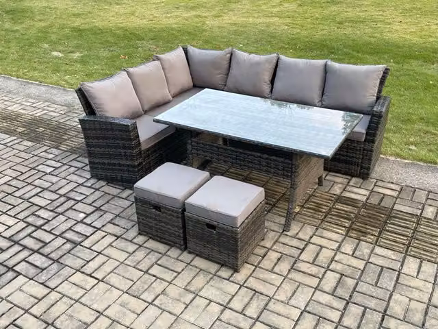 Fimous 8 Seater Garden Rattan Corner Dining Set with 2 Footstools in Dark Grey