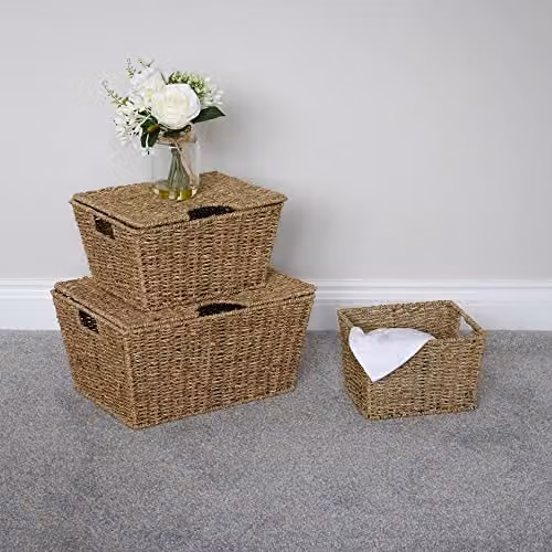 JVL Set of 3 Rectangular Lidded Seagrass Storage Baskets with Open Weave in Beige and Brown – 5