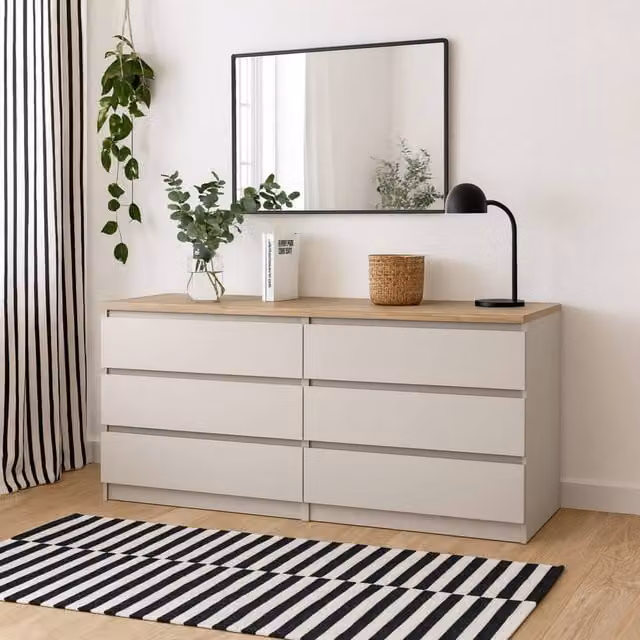 Wyld Haus Budapest 6 Drawer Wide Chest in Cream with Natural Oak Top – 1