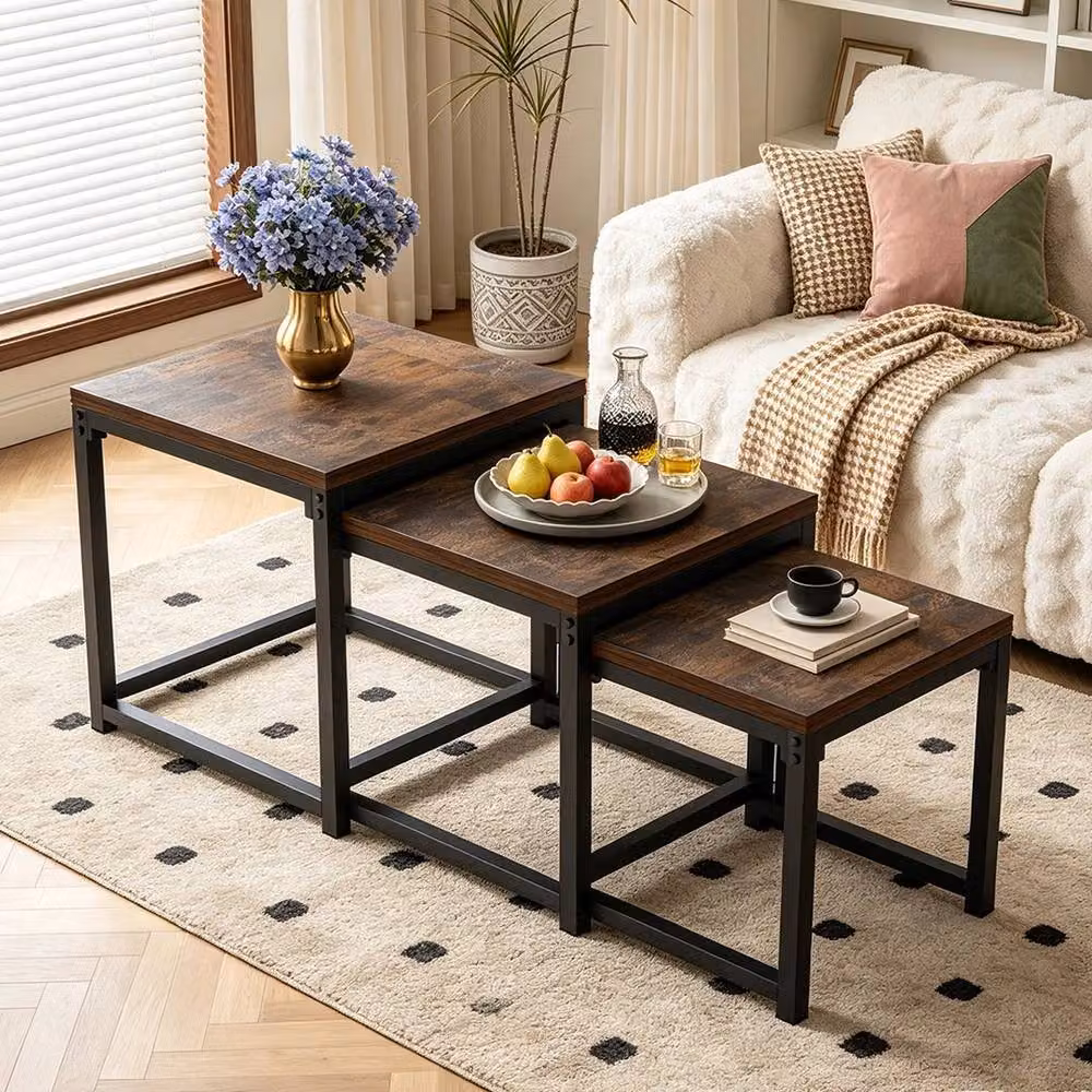 EONLION Set of 3 Rustic Nesting Coffee and End Tables in Brown and Black – 4
