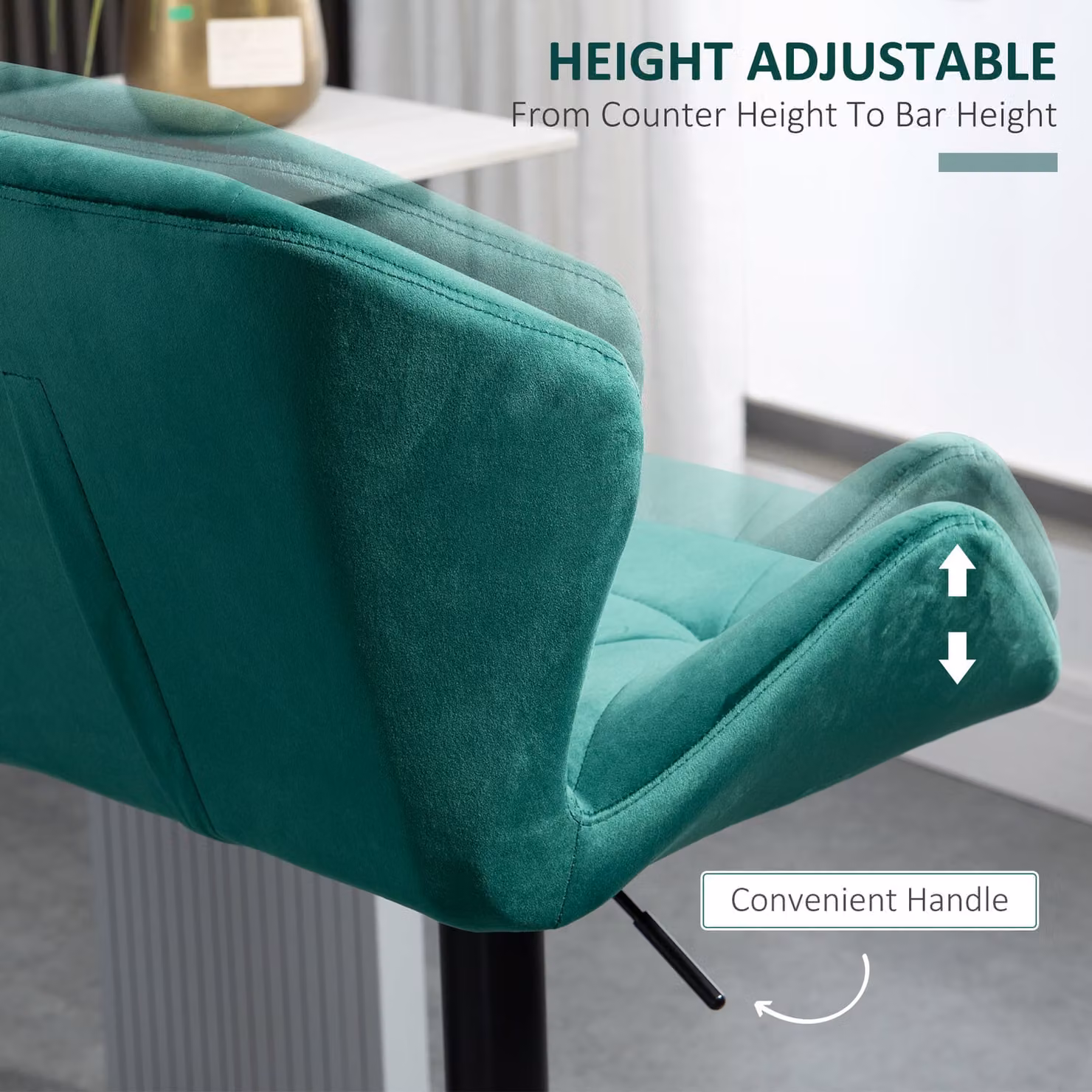 HOMCOM Set of 2 Adjustable Swivel Bar Stools in Green Velvet with Metal Frame – 4