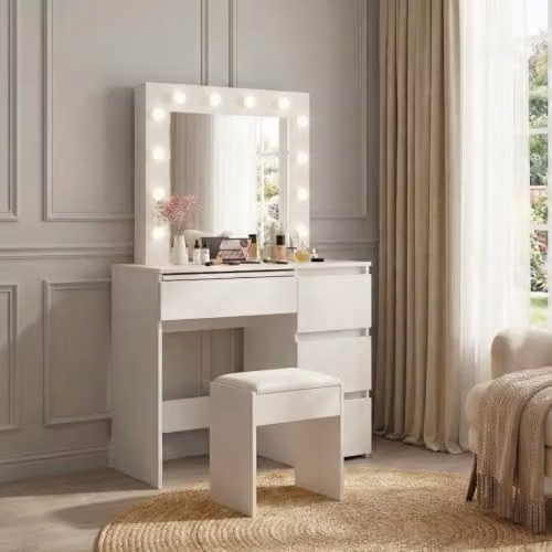 Levede White Wooden Vanity Desk Set with LED Mirror and Stool, W/D/H: 140 x 94 x 43 cm – 2