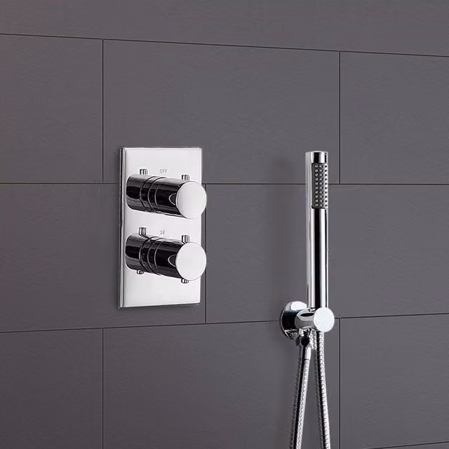 Nes Home Lily 2 Dial 1 Way Chrome Round Concealed Thermostatic Mixer Valve and Pencil Shower Handset in Silver
