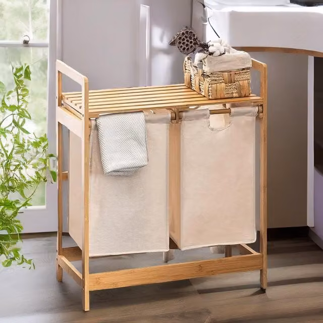 Rafaelo Mobilia Beige Pull Out Double Laundry Basket with Shelf and Removable Fabric Bags in Natural