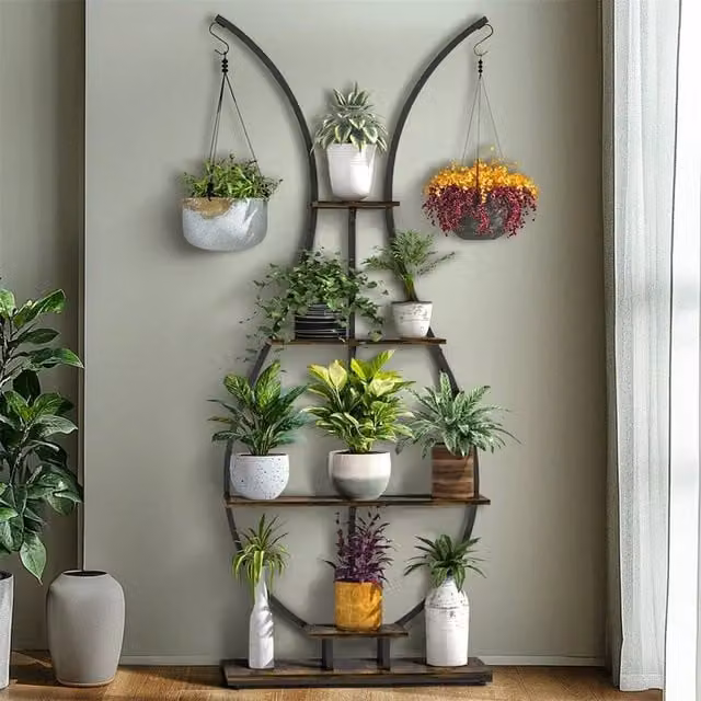 Kelvenix Large Industrial Metal and MDF Plant Stand Vase Shape Ladder Flower Shelf in Matt Brown – 1