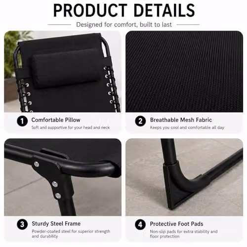 SHATCHI Black Folding Sun Lounger with 5-Position Adjustable Headrest and Textilene Fabric, W/D/H: 185 x 120 x 58 cm – 5
