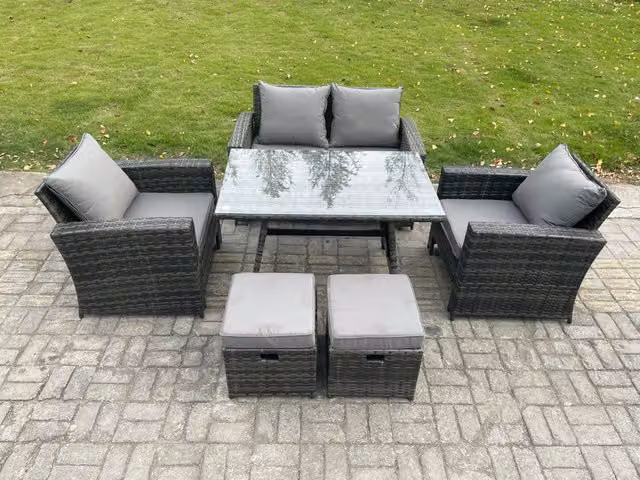 Fimous 6 Seater Outdoor Garden Furniture Set with High Back Rattan Sofa, Dining Table and 2 Footstools, Dark Grey