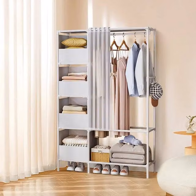 EONLION White Foldable Fabric Wardrobe with Roll Shutter and Hanging Rod, W: 100 cm, H: 170 cm