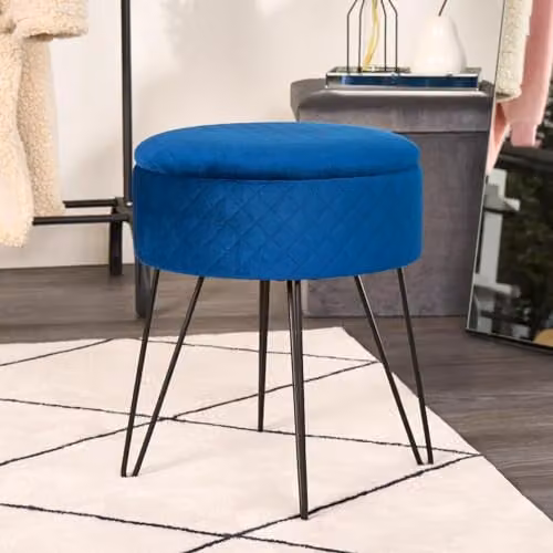 OHS Navy Blue Velvet Quilted Round Storage Ottoman Stool with Metal Hairpin Legs – 3