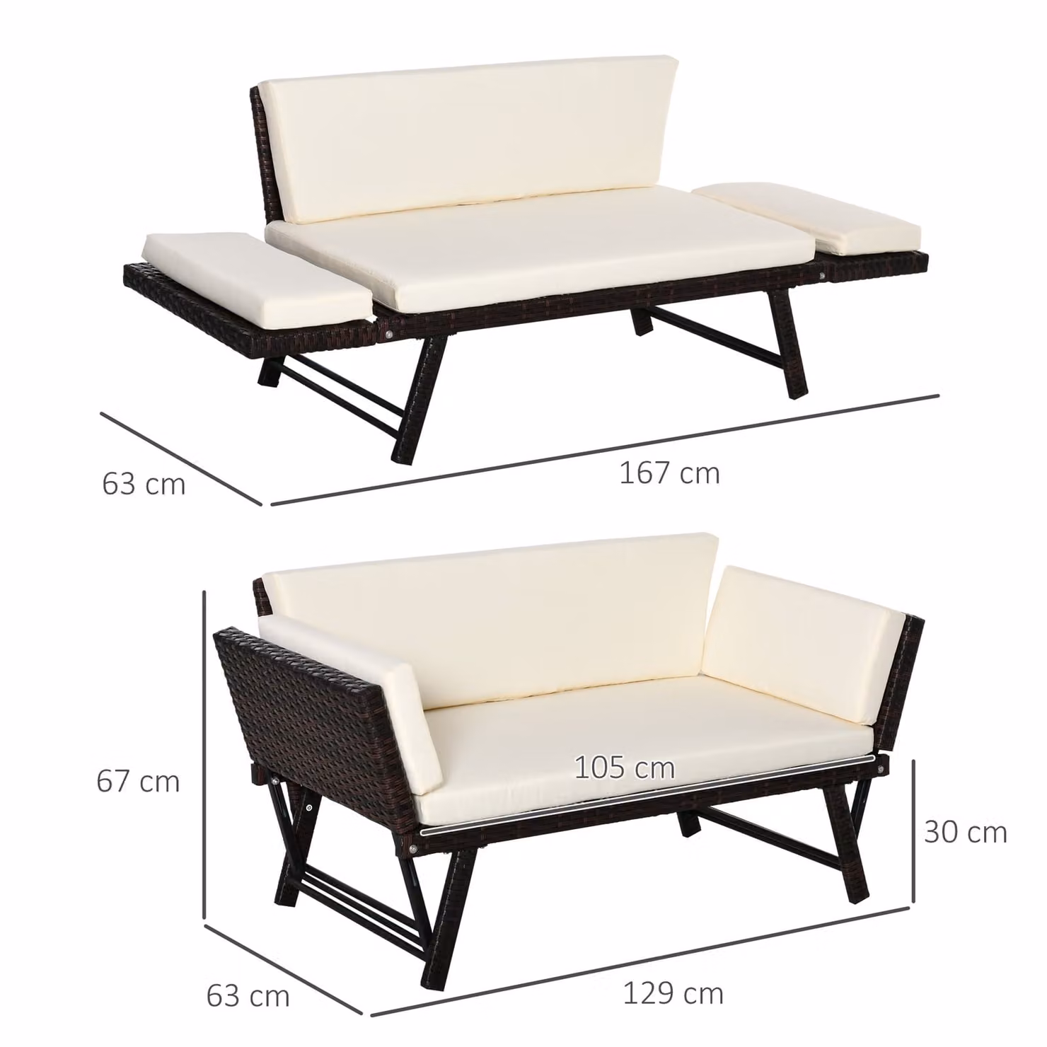 Outsunny Brown 2 Seater Rattan Folding Daybed Sofa Bench with Weatherproof Cushion for Garden and Patio – 3