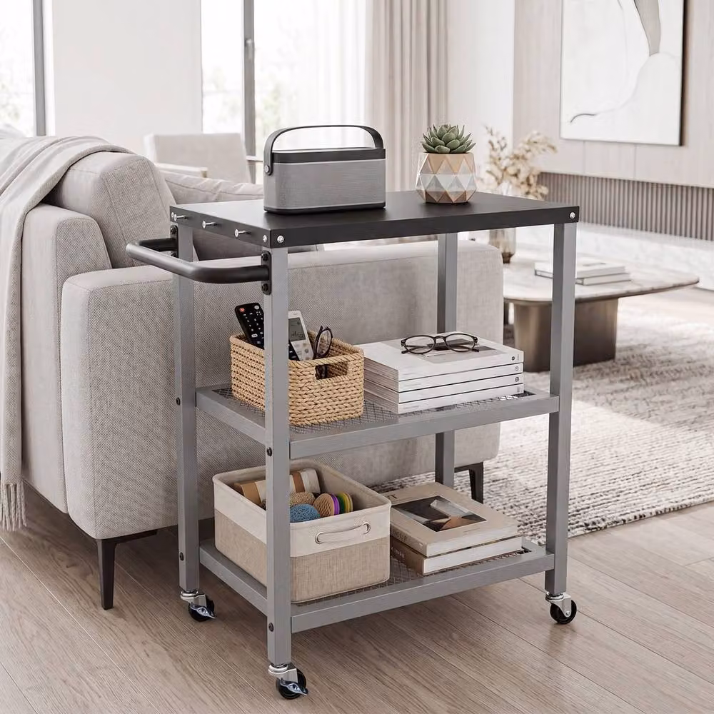 Costway 3-Tier Rolling Metal Kitchen and Garden Utility Cart with 6 Hanging Posts in Silver – 4