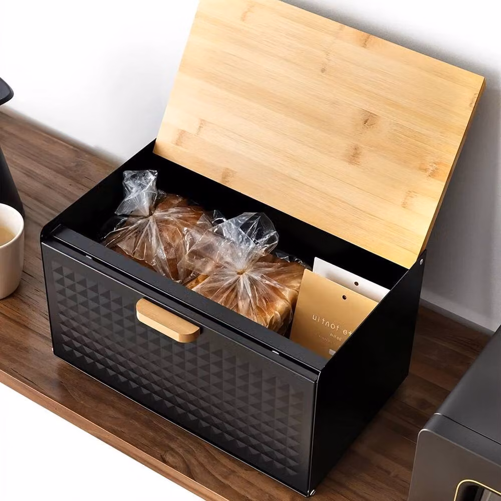 PAWNORA Dual Open Bread Bin in Black with Bamboo and Metal Accents – 5