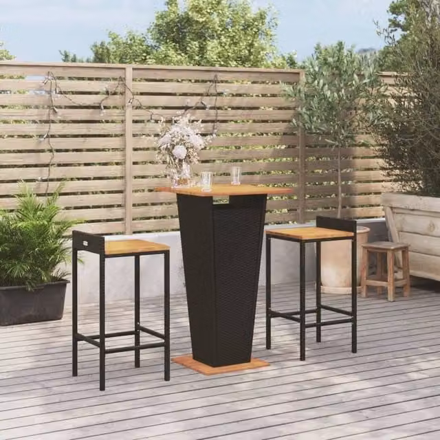 Berkfield Home 3 Piece Modern Garden Bar Set in Black Poly Rattan and Solid Acacia Wood – 1
