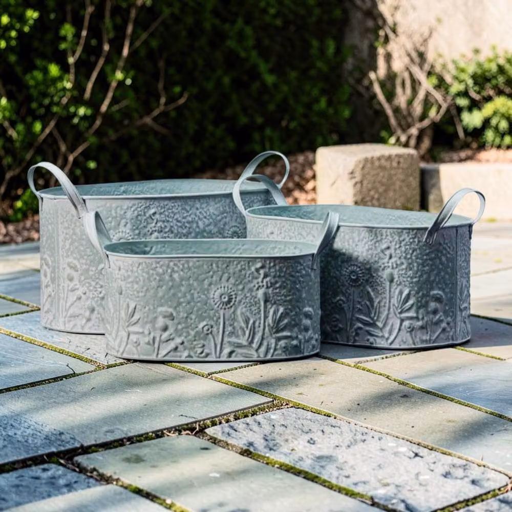 Four Candle Set of 3 Sage Green Metal Oval Planters with Floral Design – 2