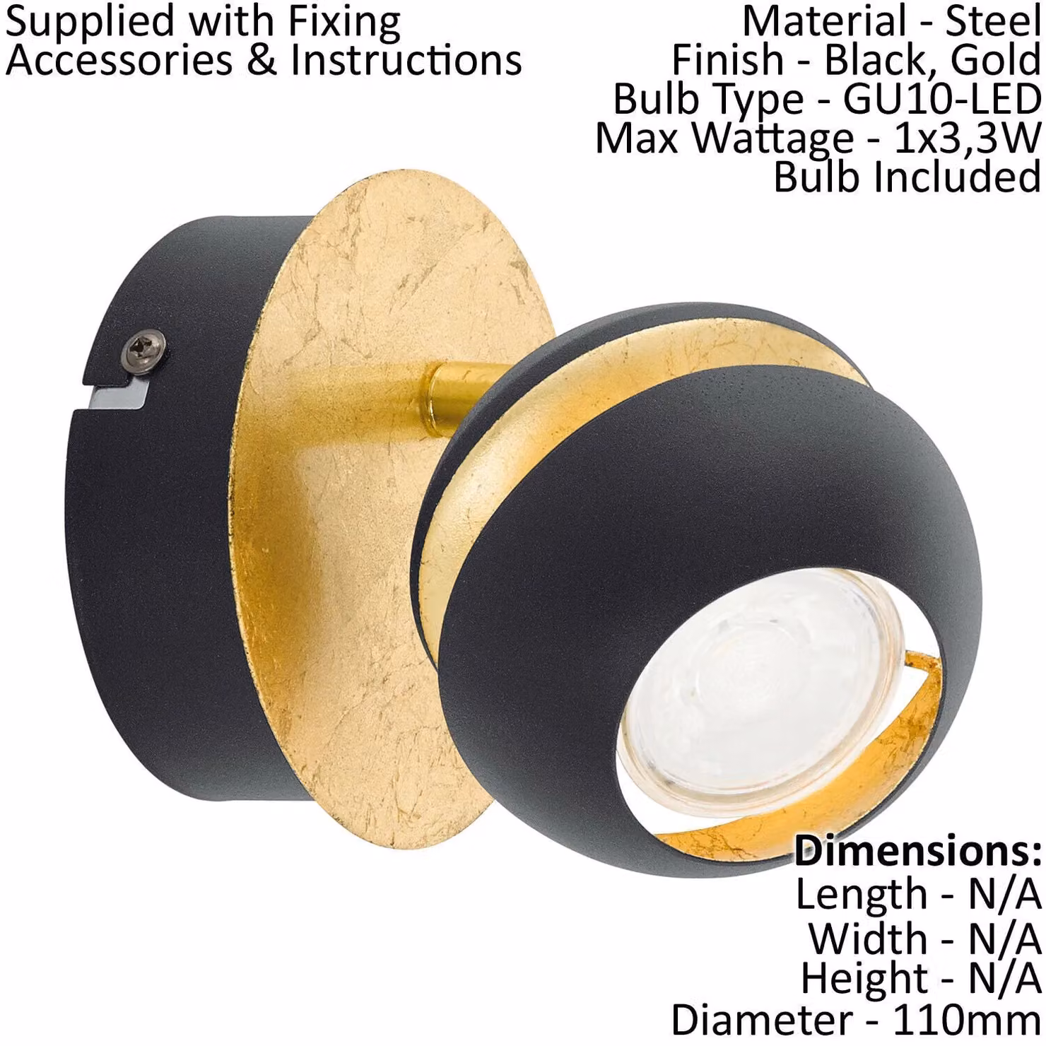 Loops 2 Pack Round Wall Spot Lights in Black and Gold with GU10 Bulb – 2