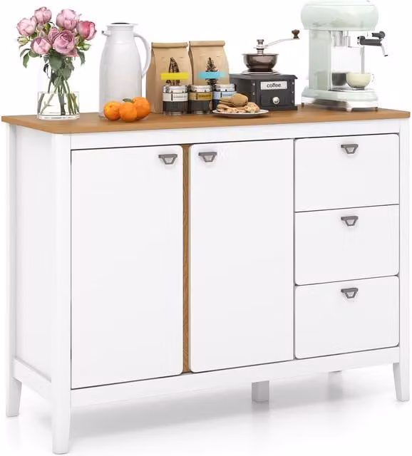 Costway White Wooden Buffet Cabinet with 2 Doors and 3 Pull-out Drawers