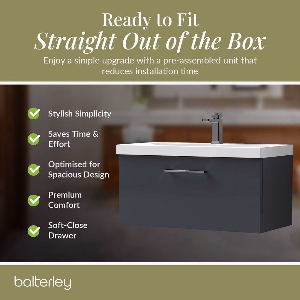 Balterley 800mm Wall Hung 1 Drawer Vanity Basin Unit in Dark Grey with Pewter Handle – 4