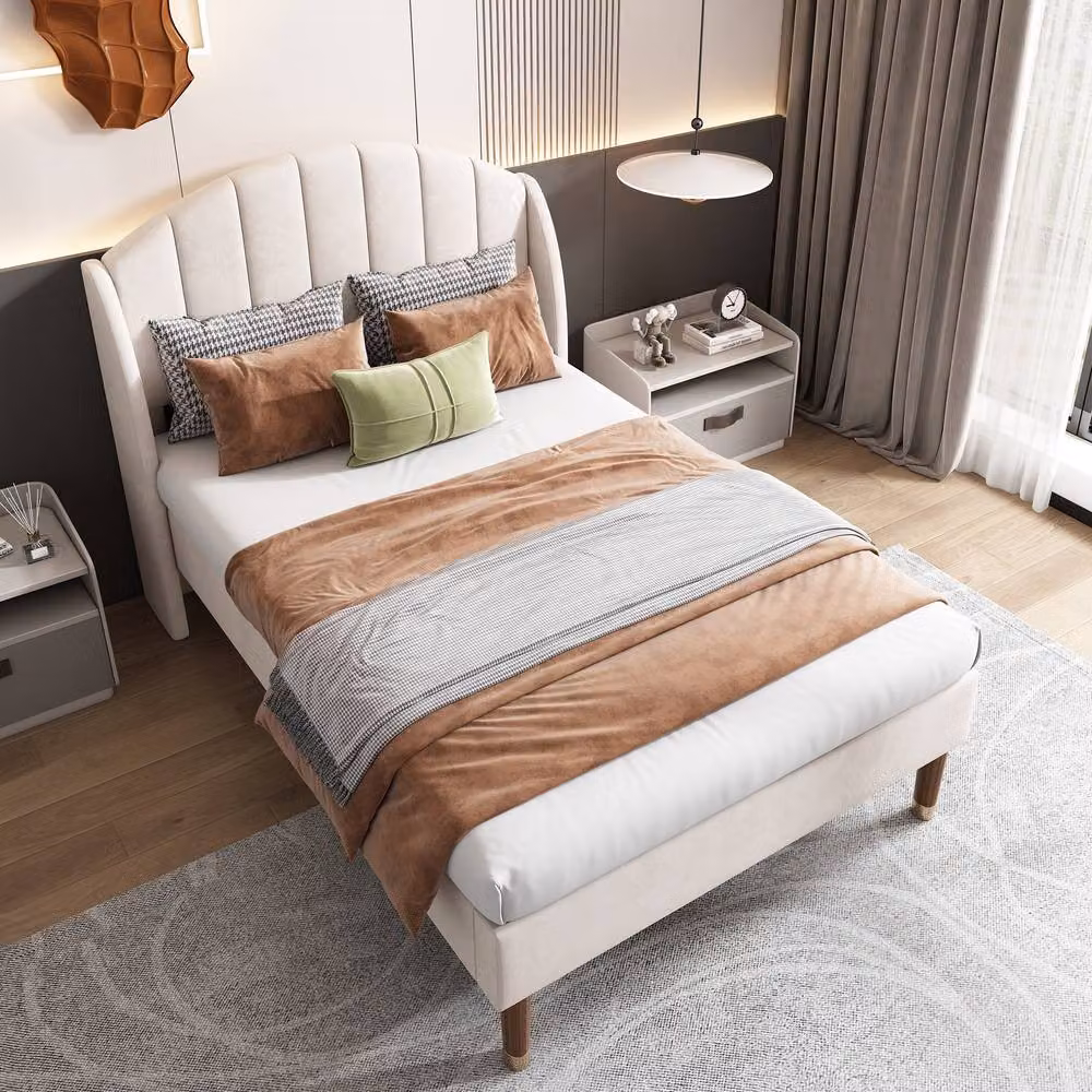 BTM Beige Velvet Upholstered Single Bed with Headboard W/D/H: 90 x 190 x 108 cm – 2