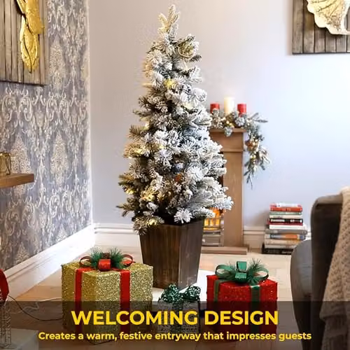 Shatchi 1.2m Pre-Lit Snow Flocked Potted Christmas Tree with 80 Warm White LED Lights, Pine Cones and Red Berries in White and Red – 3
