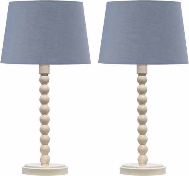 First Choice Lighting Bobbin Set of 2 Ceramic Table Lamps in Ivory with Grey Fabric Cylinder Shades