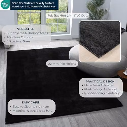 Desire Rugs Comfy Washable Plain Non-Slip Living Room Area Rug, Black, W: 160 cm, L: 220 cm – 4