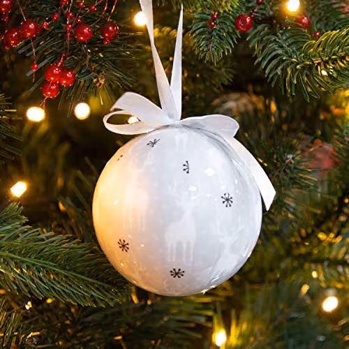 The Christmas Workshop Set of 14 Reindeer Christmas Baubles in White and Silver, Diameter: 7.5 cm – 2