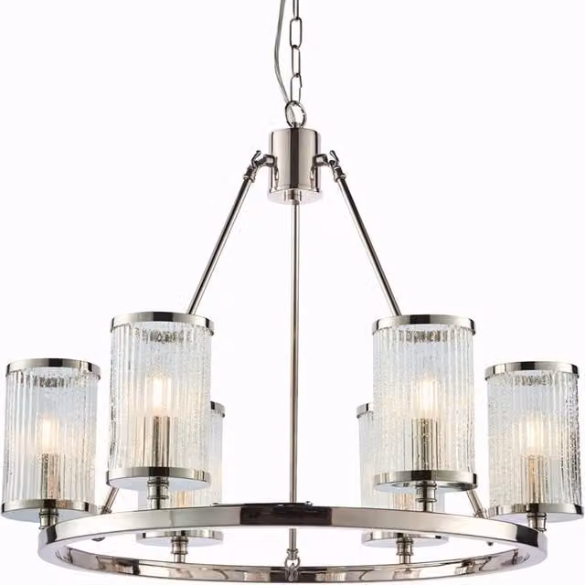 Loops 6 Light Chandelier Pendant with Silver Nickel Finish and Transparent Ribbed Glass Shades
