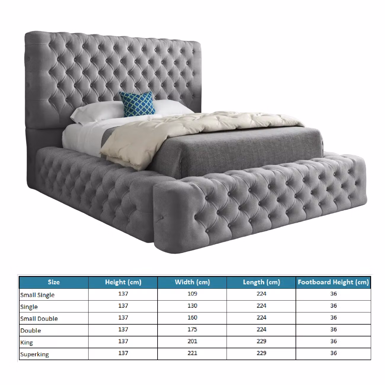 Casani Grand Milan Pleated Upholstered Bed Frame in Grey, W/D/H: 140 x 200 x 137 cm – 3