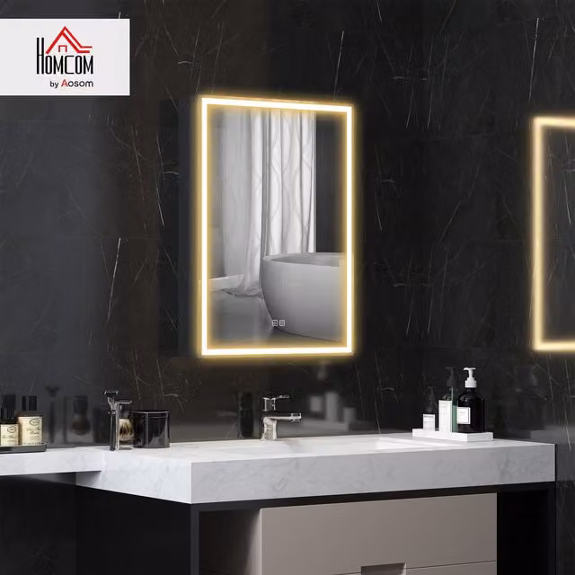 HOMCOM Modern Black Wall-Mounted Bathroom Mirror Cabinet with LED Lighting, Shaver Socket and Anti-Fog Feature