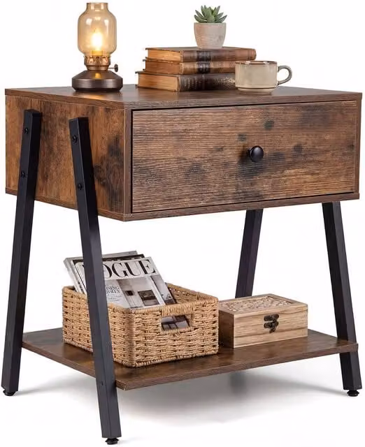 Costway Industrial Nightstand with Drawer and Shelf, Brown Wooden Bedside Table – 1