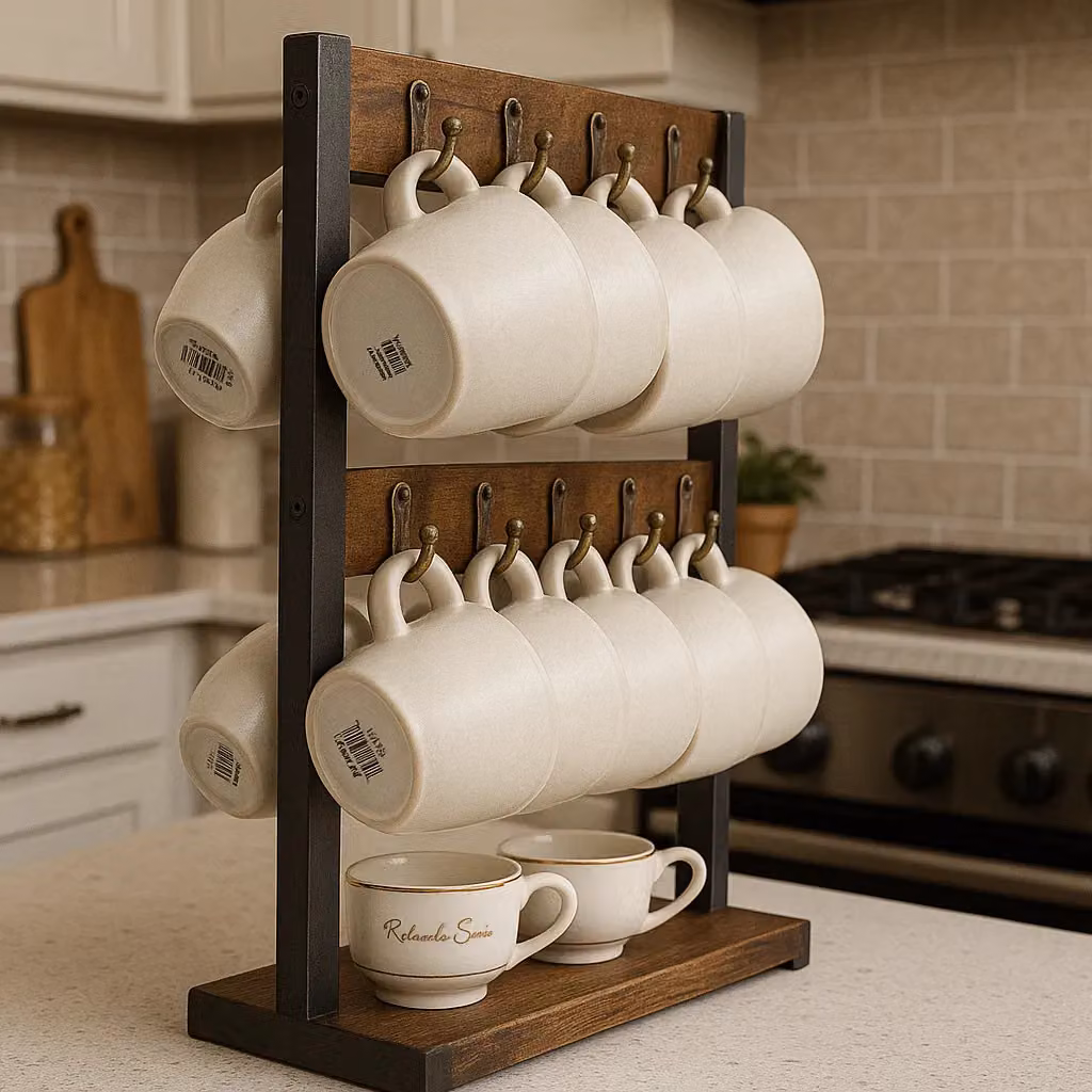 Rafaelo Mobilia Industrial Wooden Mug Holder Stand in Brown – 3