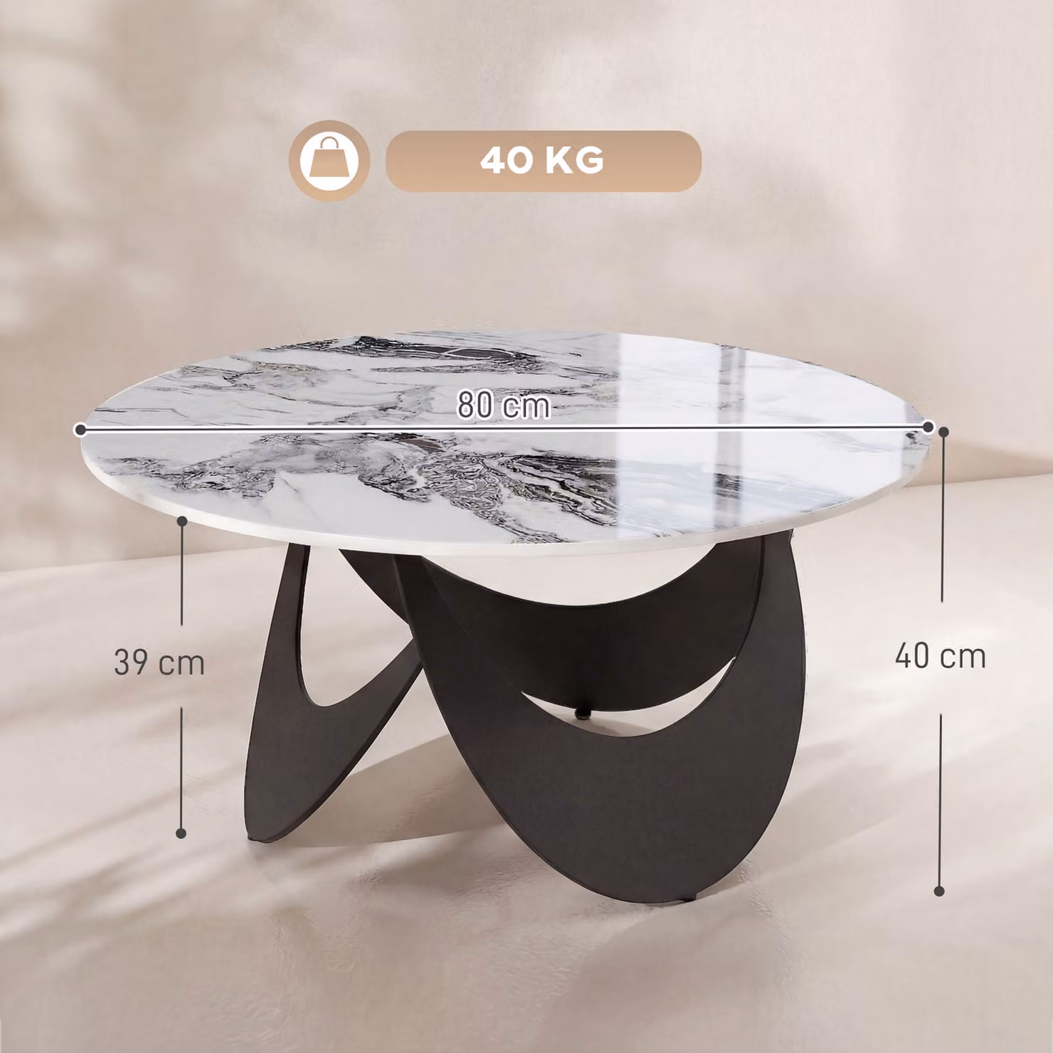 HOMCOM Modern Coffee Table with Sintered Stone Top and Adjustable Foot Pads, White and Black, W: 80 cm, D: 80 cm, H: 40 cm – 3